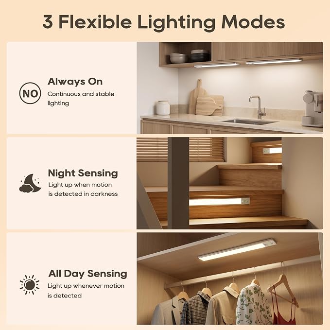 14.7 Inch Under Cabinet Lighting, 6 Color Temps Motion Sensor Light Indoor, LED Power Display Rechargeable Battery Operated Closet Light with Remote, Dimmable Under Counter Lights for Kitchen-2 Pack