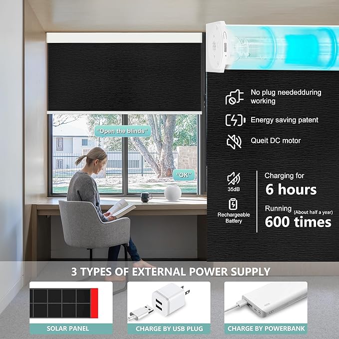 Aprilsmart Motorized Blinds with Remote,Compatible with Apple HomeKit Alexa Google Home- Voice and app Control,Motorized Roller Shades 100% Blackout Custom Size(Treebark obsidian-28)