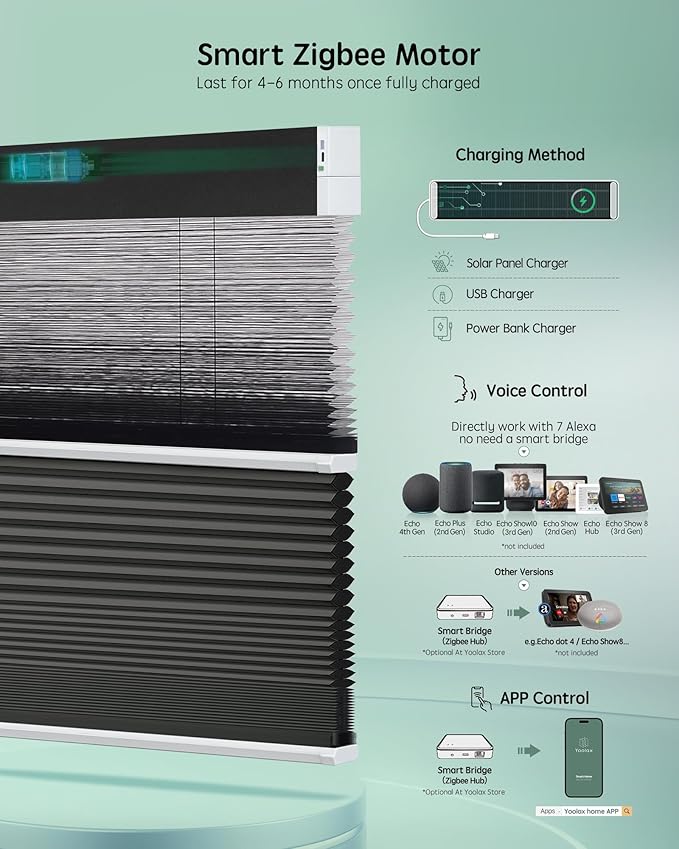Yoolax Smart Motorized Day and Night Cellular Shades with Remote, Top Down Bottom Up Blinds Compatible with Alexa, Honeycomb Blinds (Black Light Filtering+Black Blackout)