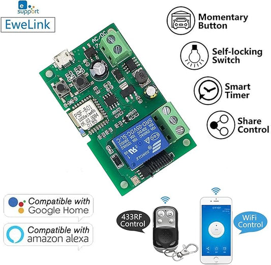 1-Channel Ewelink App Remote Control WiFi Wireless Switch Relay, self-Locking, Interlock Mode, with 433RF Remote Control, Used to Access and Control Smart Garage Doors