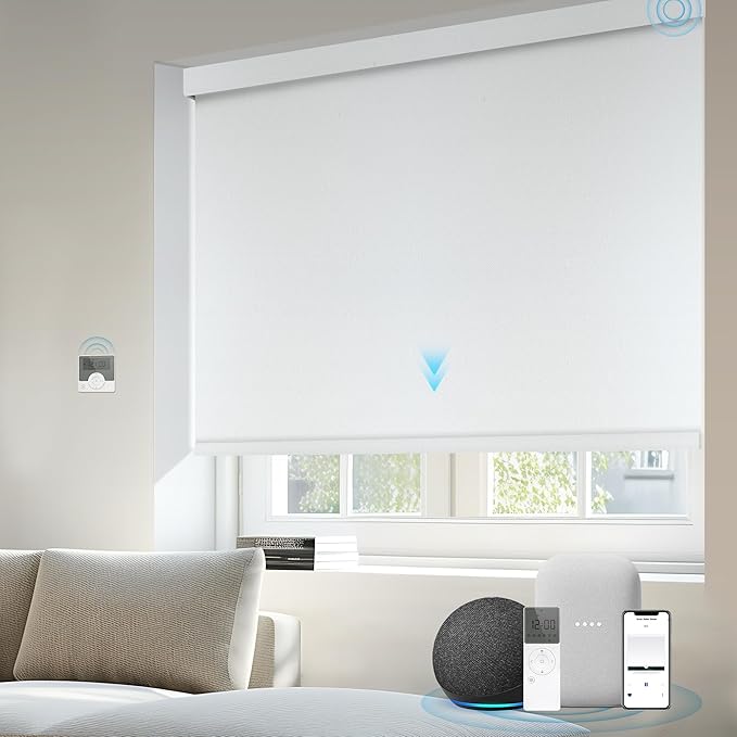 Motorized Blinds Compatible with Alexa Google 100% Blackout Smart Blind Automatic Window Roller Shades Remote Control Custom Size Double-Sided Fabric White