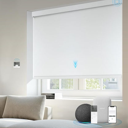 Motorized Blinds Compatible with Alexa Google 100% Blackout Smart Blind Automatic Window Roller Shades Remote Control Custom Size Double-Sided Fabric White