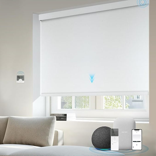 Motorized Blinds Compatible with Alexa Google 100% Blackout Smart Blind Automatic Window Roller Shades Remote Control Custom Size Double-Sided Fabric White