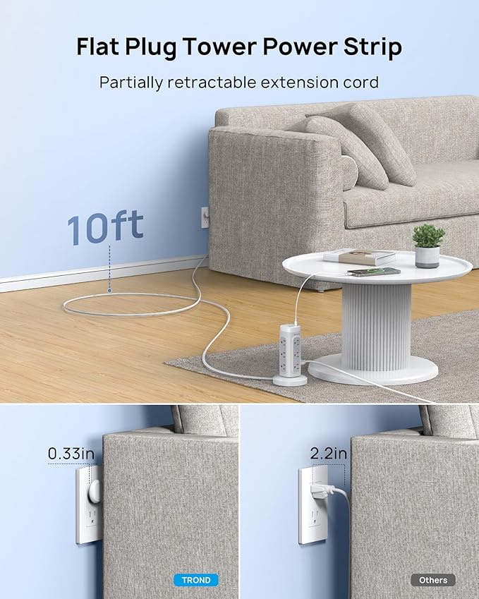TROND Semi-Retractable Power Strip Tower - Flat Plug Surge Protector Power Strip with USB C PD 20W, 10ft Extension Cord with Multiple Outlets, 1700 Joules, Home Office Dorm Room Essentials, White