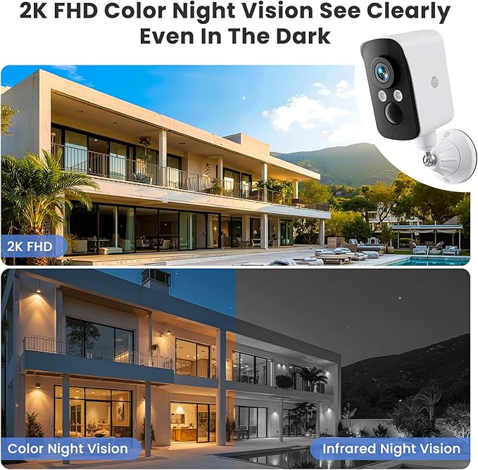 Wireless Outdoor Security Camera, 2.4G WiFi, Battery & Solar Powered, Magnetic Mount, AI Human Detection, Free 7-Day Cloud/SD, 2K, Night Vision, Siren, 2-Way Talk, IP65