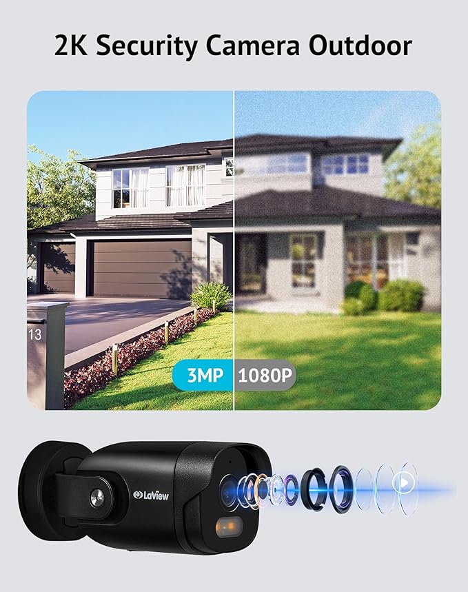 LaView 2K Security Camera Outdoor with Color Night Vision,3MP Wired Cameras for Home Security,IP65 Waterproof Camera, 24/7 Live Video,2 Way Audio,Cloud Storage/SD Slot,Compatible with Alexa(2pcs)