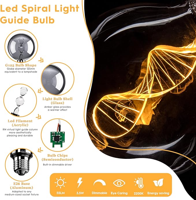Unique Stained Glass Light Bulbs, Low Lumen Eye-Caring Soft Dim Lighting for Mood (Not Daylight White) 55LM, Oversized Globe Decorative Dimmable LED Bulb 3.5W, E26 Medium Base, Smoke RN G125