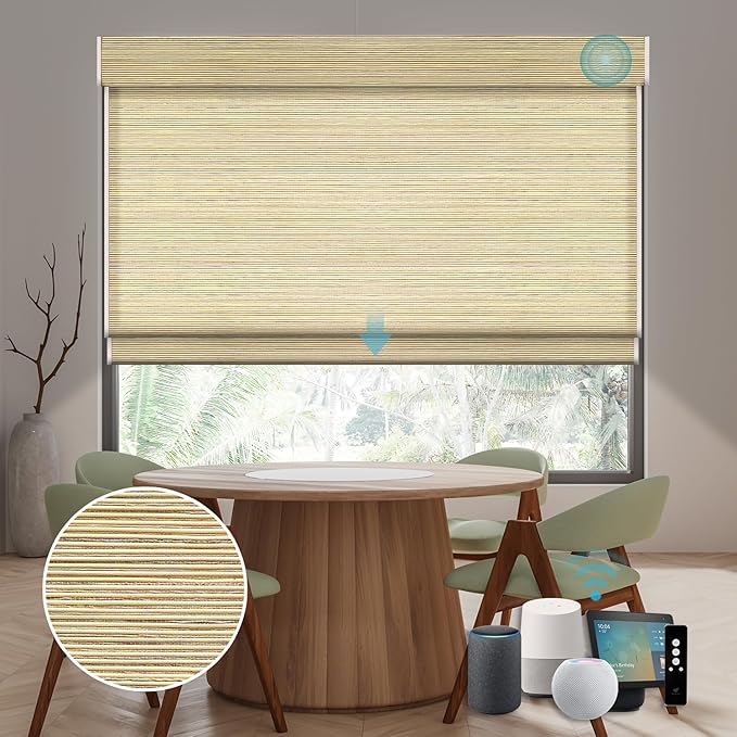 SmartWings Motorized Natural Woven Wood Shades Work with Matter Thread Homekit Z-Wave Alexa Google, 50%/70%/100% Blackout Electric Auto Roman Shades Cordless Remote Control Customized, Bamboo 019