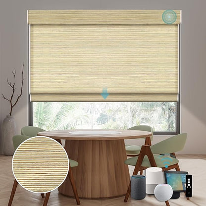 SmartWings Motorized Natural Woven Wood Shades Work with Matter Thread Homekit Z-Wave Alexa Google, 50%/70%/100% Blackout Electric Auto Roman Shades Cordless Remote Control Customized, Bamboo 019
