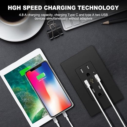 Micmi USB Outlet with C + A Wall Dual High Speed Receptacle Smart 4.8A Fast Charging Capability, 15 Amp 125Volt, Tamper Resistant Wall Plate Included UL Listed (10Pack, Black, 15 Amp Outlet)