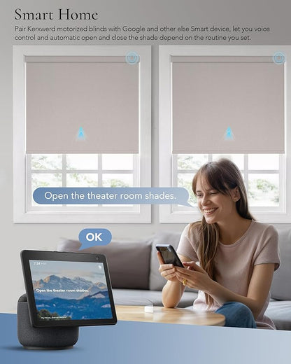 Motorized Blinds Compatible with Alexa Google Custom to 108" Width 100% Blackout Smart Blind Automatic Large Window Roller Shades Remote Control Fabric Grey Beige