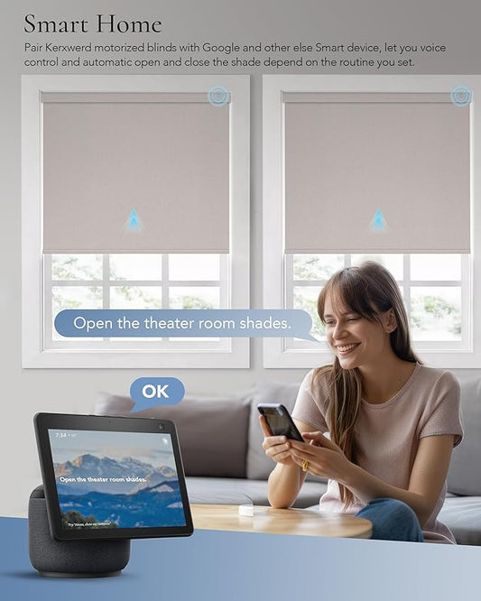 Motorized Blinds Compatible with Alexa Google Custom to 108" Width 100% Blackout Smart Blind Automatic Large Window Roller Shades Remote Control Fabric Grey Beige