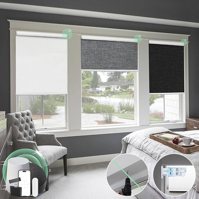 Motorized 100% Blackout Roller Window Shades【Cordless No Drill Easy to Install】 Customized Size Fabric Material Automatic Electric Blinds Remote Control Smart Alexa Privacy Custom Color