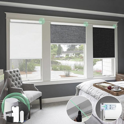 Motorized 100% Blackout Roller Window Shades【Cordless No Drill Easy to Install】 Customized Size Fabric Material Automatic Electric Blinds Remote Control Smart Alexa Privacy Custom Color
