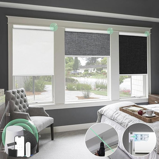 Motorized 100% Blackout Roller Window Shades【Cordless No Drill Easy to Install】 Customized Size Fabric Material Automatic Electric Blinds Remote Control Smart Alexa Privacy Custom Color