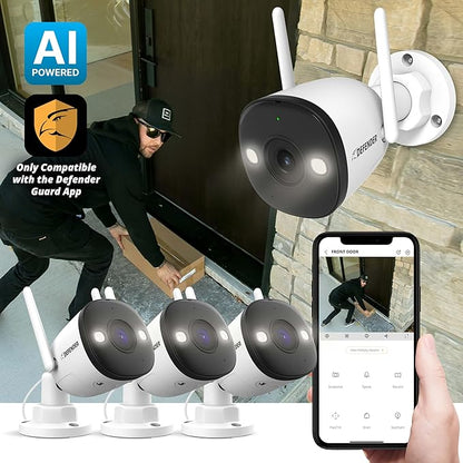 Defender AI Powered 4K Guard Pro 8MP WiFi 6, Plug-in Power Wireless Security Camera Outdoor, with Smart AI Human Detection, Bluetooth, Two-Way Talk, Works w/Guard App, 3 Pack