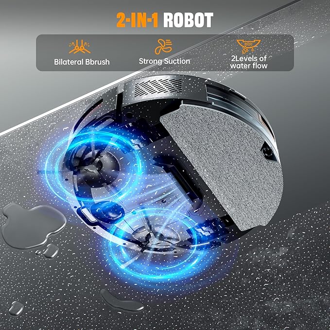 Robot Vacuum and Mop Combo, 6500Pa Strong Suction, 2 in 1 Robotic Vacuum with Gyro Inertial Navigation, 200 Min Runtime, App/Wi-Fi/Voice Control, Slim, for Pet Hair, Hard Floor, Carpet