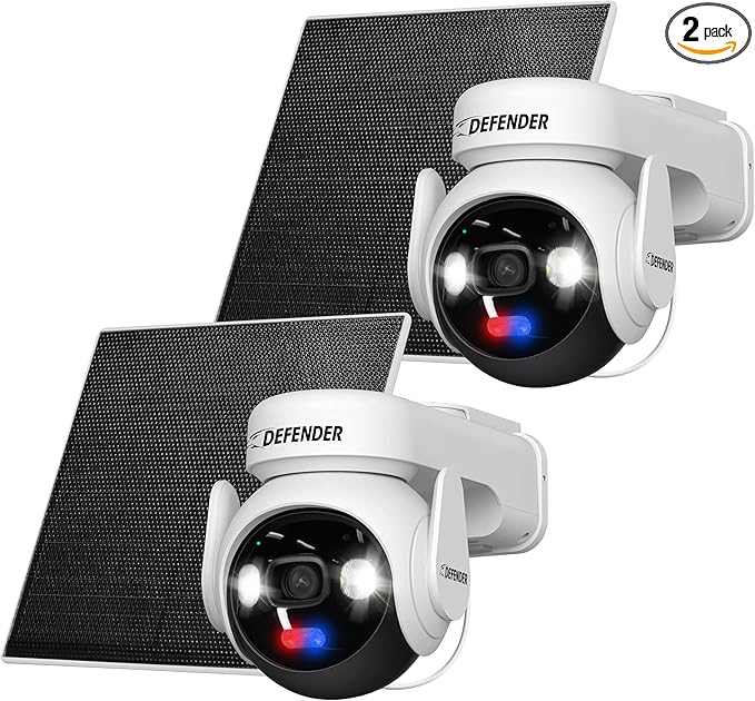 Defender Solar Powered 4K AI Guard Ultra-Charge PTZ Wireless WiFi Security Camera, 2 Pack, 2 x 64GB SD Card, 5W Solar Panel, 10,000 mAH Battery, 24/7 Recording, AI Tracking, Works with Guard App