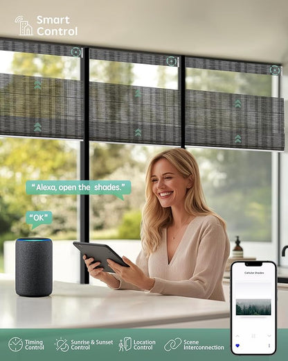 Yoolax Smart Top Down Bottom Up Roman Shades, Motorized Roman Shades with Remote, Light Filtering Smart Blinds Work with Alexa, Google, Apple Homekit for Living Room, Customized (Strip Dark Grey)