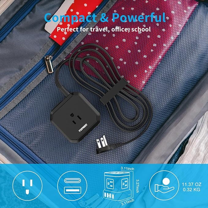 TOPREK Power Strip with USB, USB C (3.0A) Power Strip with 5 Outlets, 2 USB-C & 2 USB-A, 5 FT Flat Extension Cord with Ultra Thin Flat Plug, Surge Protector Compact for Home Office, Dorm, Hotel Travel