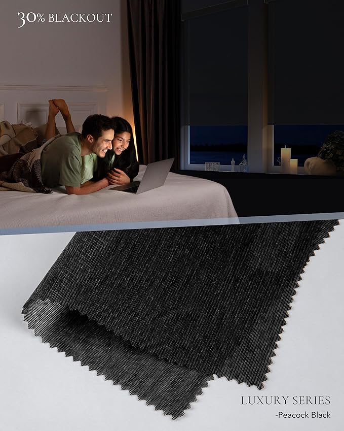 Smart Shades Compatible with Alexa Google Custom to 115" Width Light Filtering Motorized Blinds Automatic Large Window Roller Shade Remote Control 30% Blackout Peacock Black