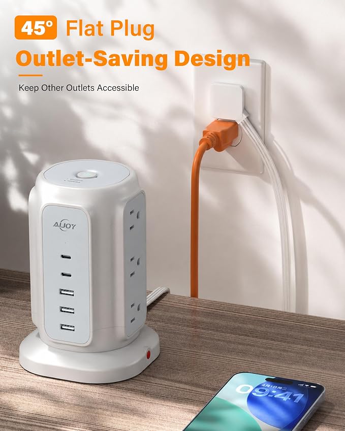 AiJoy 10FT Flat Plug Power Strip Tower with 9 AC Outlets and 5 USB Ports | 1200J Surge Protector Power Strip Outlet Extender Charging Station for Home, Office Supplies, Dorm Essentials