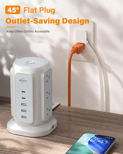 AiJoy 10FT Flat Plug Power Strip Tower with 9 AC Outlets and 5 USB Ports | 1200J Surge Protector Power Strip Outlet Extender Charging Station for Home, Office Supplies, Dorm Essentials