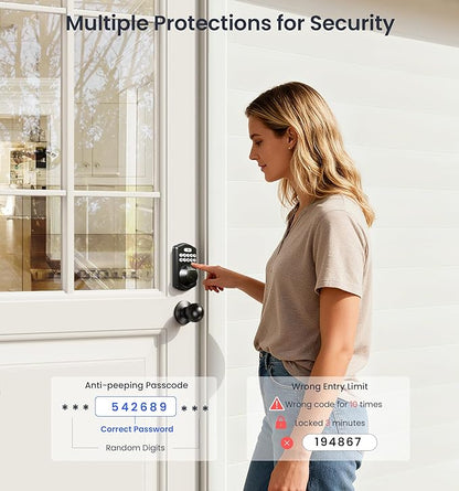 Veise Fingerprint Door Lock with 2 Knobs - Keyless Entry Door Lock with Handle, Electronic Keypad Deadbolt, Smart Front Handle Set, Auto-Locking, Waterproof, Easy Installation, Matte Black