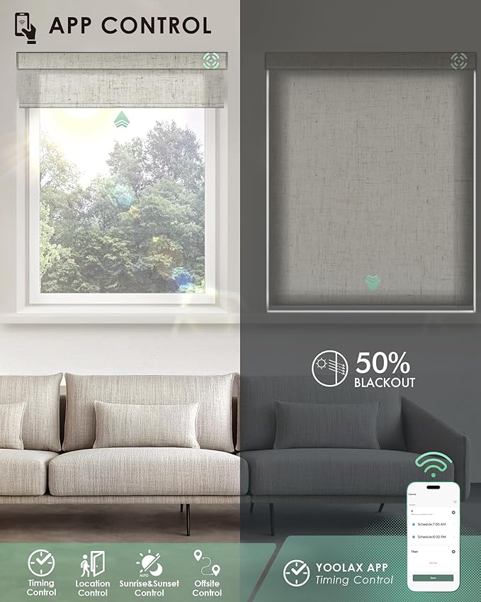 Yoolax Motorized Blinds with Remote, Light Filtering Smart Blinds Work with Alexa, Google, Automatic Roller Shades for Windows, Custom Electric Shades for Living Room Office (Linen Beige)