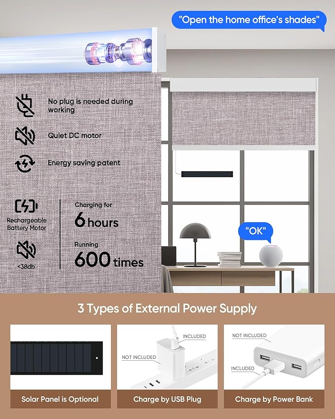 Motorized Blinds with Remote: Kincmo 100% Blackout Roller Shades Work with Apple Homekit,Alexa,Google Home, Customized Electric Blinds with App,Voice Control (100% Blackout Meridian Oat)