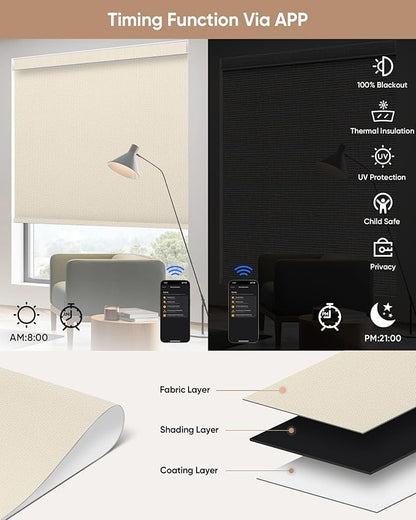 Motorized Blinds with Remote: Kincmo 100% Blackout Roller Shades Work with Apple Homekit,Alexa,Google Home, Customized Electric Blinds with App,Voice Control (100% Blackout Essential Cream)
