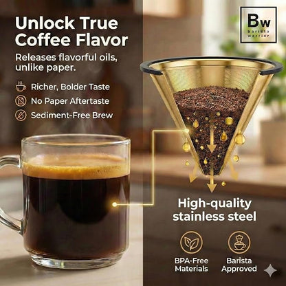 Barista Warrior Reusable Coffee Filter - Stainless Steel Pour Over Dripper, Compatible for Chemex, Hario V60 & Drippers, Easy to Clean Flavorful Brew Fine Mesh Coffee Filter - Gold