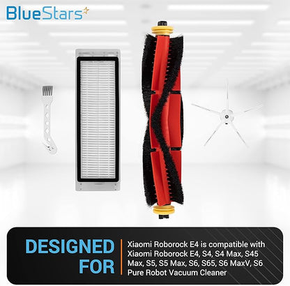 BlueStars Replacement Parts Compatible with Roborock S6 Pure S6 E4 S4 S4 Max S5 S5 Max E2 E3 E5 E20 E25 E35 S50 S65 Xiaomi Mijia Robot Vacuum – 2 Main Brush 6 Side Brush 4 HEPA Filter 1 Sweeping Brush