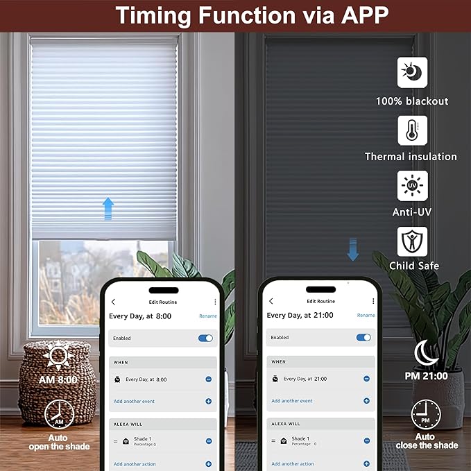 Bringnox Smart Motorized Cellular Shades,with Google Home and Alexa Via HUB,and Customized(Blackout Blue-110, Blackout)