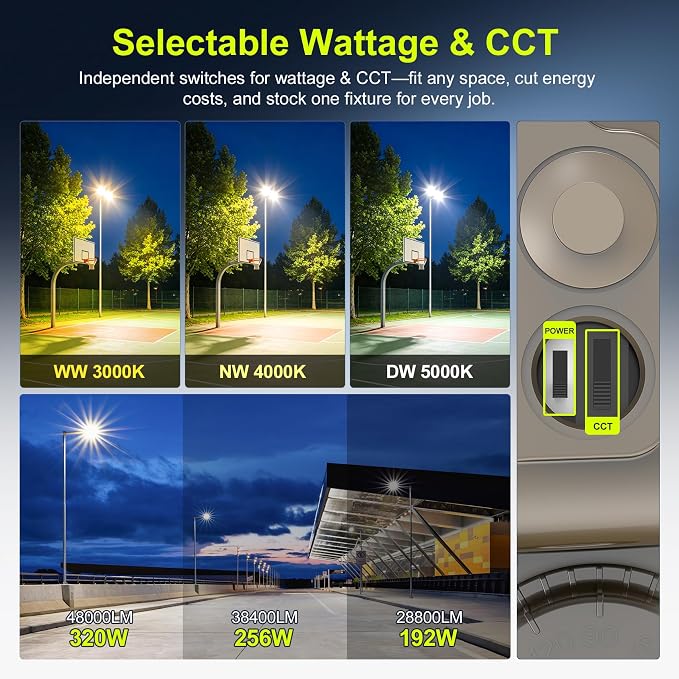 9 Pack 480V LED Parking Lot Light 320W/256W/192W, 3000K 4000K 5000K Adjustable 48000LM 0-10V Dimmable with Photocell, ETL Listed Shoebox Pole Lights Arm & Slip Fitter Mount, AC277-480V