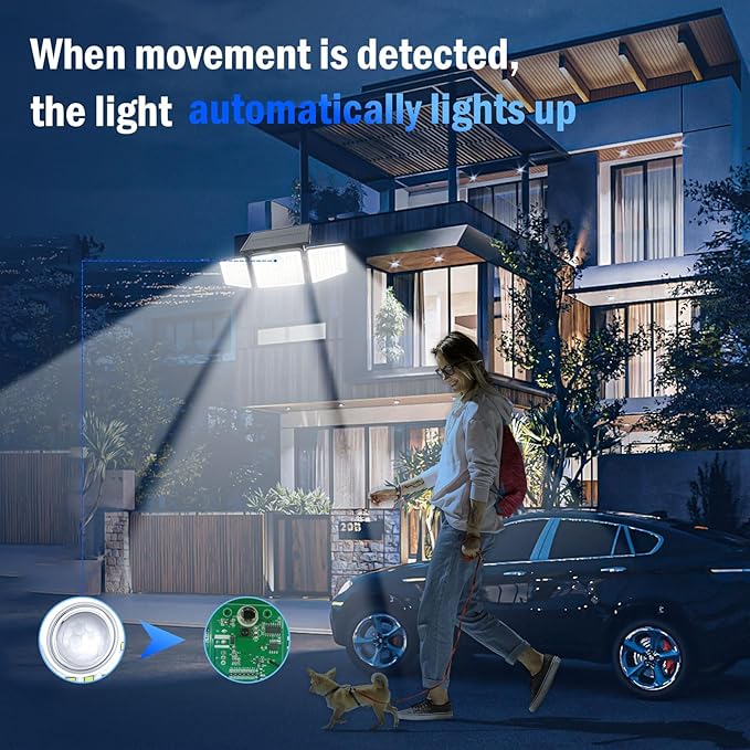 daphino 2500LM Solar Lights Outdoor with Motion Sensor,3 Head 270° Wide Angle Street Area Lights,IP65 Waterproof Security Lighting with 3 Modes(Remote,2 Pcs)