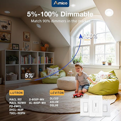 Amico 24 Pack 6 Inch 5CCT Gimbal LED Recessed Lighting, 360°&90° Adjustable Eyeball Directional Downlight, Dimmable, 2700K/3000K/3500K/4000K/5000K Selectable, CRI90+ 12W 1200LM, ETL&FCC