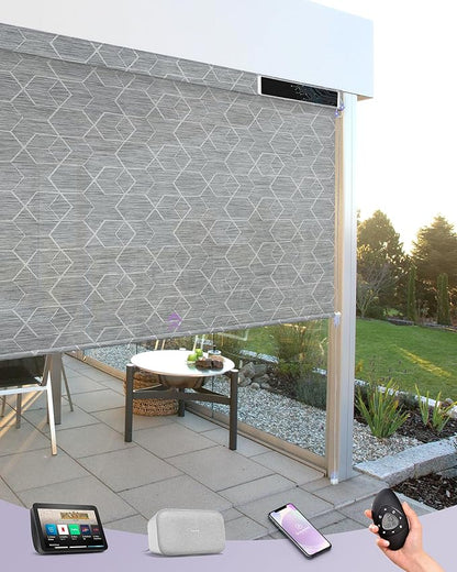 Graywind Motorized Outdoor Shades for Patio, Work with Alexa & Google, Solar Powered Electric Roller Shades for Outside, Custom Size (1% Openness, Geometry Grey)