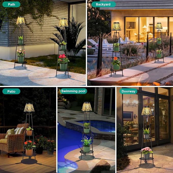 MXwcy 2-Tier Solar Plant Stand with Light, Outdoor Waterproof Floor Lamp with Tree Branch Cutout Lampshade, Tall Metal Planter Holder Display Rack for Patio, Porch, Garden, Balcony Decor (2 Pack)