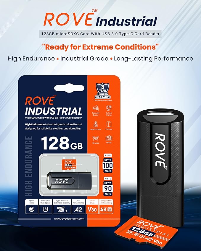 ROVE Industrial 128GB Micro SD Card with USB 3.0 Type C Card Reader, High Endurance microSDXC Memory Card 100MB/s Read Speed, C10, U3, V30, 4K, A2 for Dash Cam, Android Smart Phones, Tablets, Games
