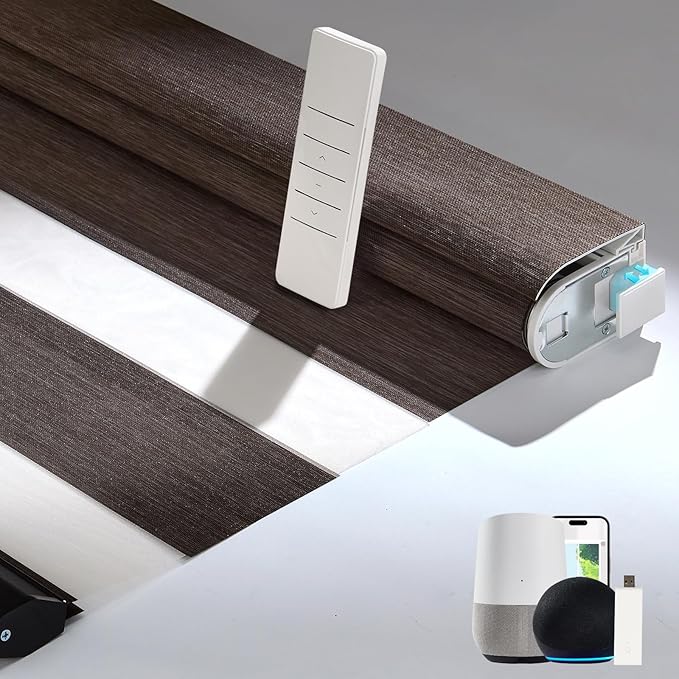 Persilux Motorized No Drill Zebra Smart Shades with Remote Smart Zebra Blinds,Non Drill, Light Filtering, Dual Layer,Compatible with Alexa, Texture Fabric, Custom Sizes,Bella Brown,RS20287-16
