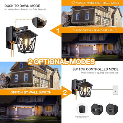 Ehaho Porch Light with Outlet, Dusk to Dawn Outdoor Light with Outlet Built-in, Waterproof Anti-Rust Lantern Outside Lights with GFCI Outlet, Wall Sconce Light for Front Door (Black 2 PCS)