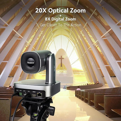 Tenveo 4K PTZ Camera, AI Humanoid & Face Auto-Tracking, 20X Optical + 8X Digital Zoom, USB3.0/HDMI/LAN PoE IP Live Streaming for Church Worship Broadcast Events Video Conference YouTube OBS