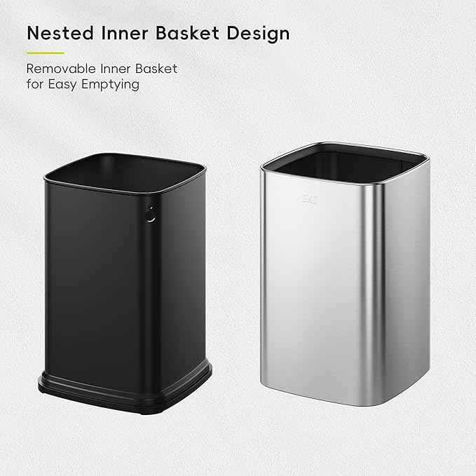 EKO 2-Pack Open Top Trash Can with Removable Inner Basket, Square Small Garbage Can, 1.8 + 3.2 Gallon Wastebasket Combo for Kitchen, Bathroom, Office, Home (Stainless Steel)