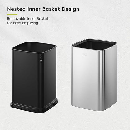 EKO 2-Pack Open Top Trash Can with Removable Inner Basket, Square Small Garbage Can, 1.8 + 3.2 Gallon Wastebasket Combo for Kitchen, Bathroom, Office, Home (Stainless Steel)