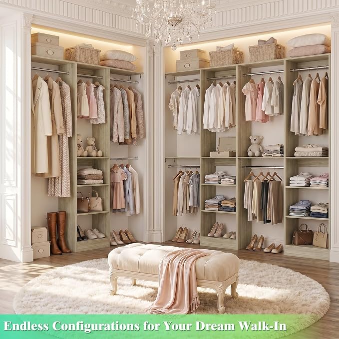 Besiost 4FT Small Closet Organizer System with 4 Hanging Rods & 3 Shelves | 48" Closet System for Small Closets, 80" H Small Closet Organizers and Storage for Bedrooms, Cloakrooms, White Oak