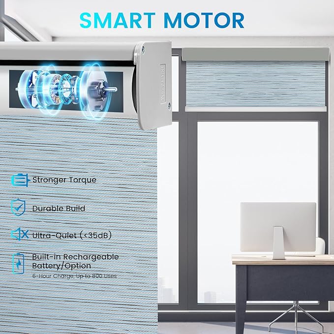 Motorized 100% Blackout Roller Shades – Custom Smart Blinds with Remote Control, Rechargeable Battery or Plug-in Motor, Tuya WiFi Optional, Home & Office Automatic Window Shades (Ash Blue/CH94210)