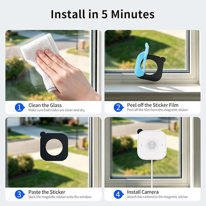 2K No-Drill Window Camera, 2.4GHz & 5GHz WiFi Window Cameras for Home Security, Anti-Glare, Magnetic Mounted, Color Night Vision, 24/7 Recording, Human & Motion Detection, Works with Alexa