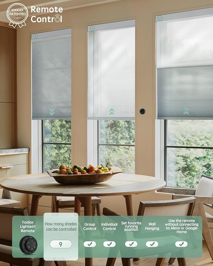 Yoolax Smart Motorized Day and Night Cellular Shades with Remote, Top Down Bottom Up Blinds Compatible with Alexa, Honeycomb Blinds (White Light Filtering+White Blackout)