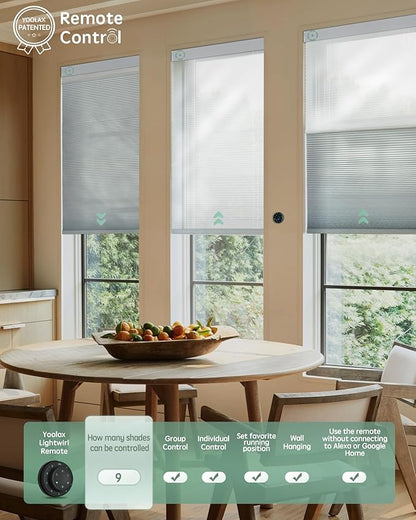 Yoolax Smart Motorized Day and Night Cellular Shades with Remote, Top Down Bottom Up Blinds Compatible with Alexa, Honeycomb Blinds (White Light Filtering+White Blackout)